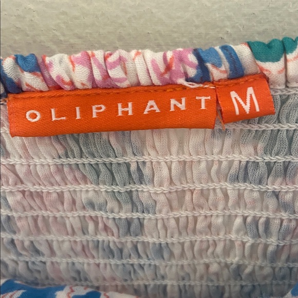 Oliphant Mini Dress Palm Tree Smocked back Cayman Blue Pink size M tired ruffles - Picture 6 of 11